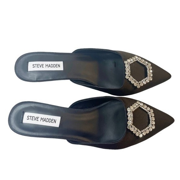 NWT Steve Madden Kees Black Satin Rhinestone Buckle Kitten Heel Mule Size 8.5 - Picture 11 of 16